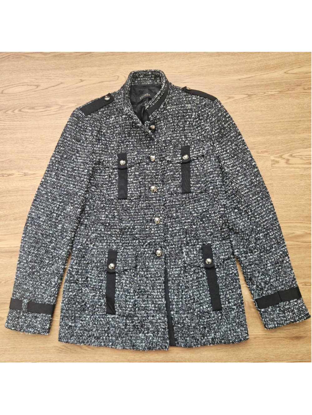 Escada Military Tweed Knit Blazer Jacket Black White Wool Blend Womens 40 Medium